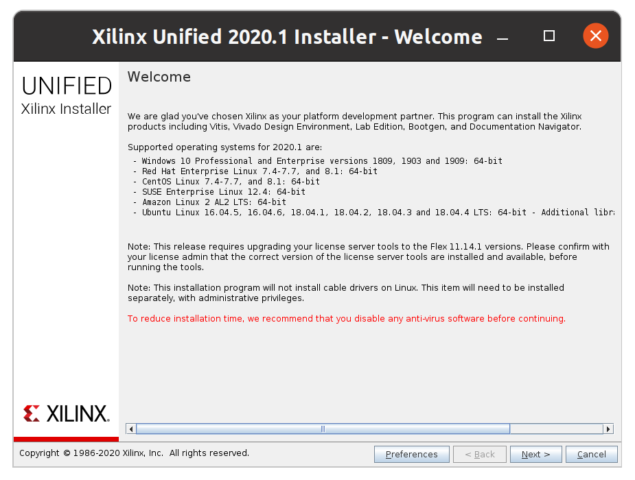 Xilinx Installer Welcome